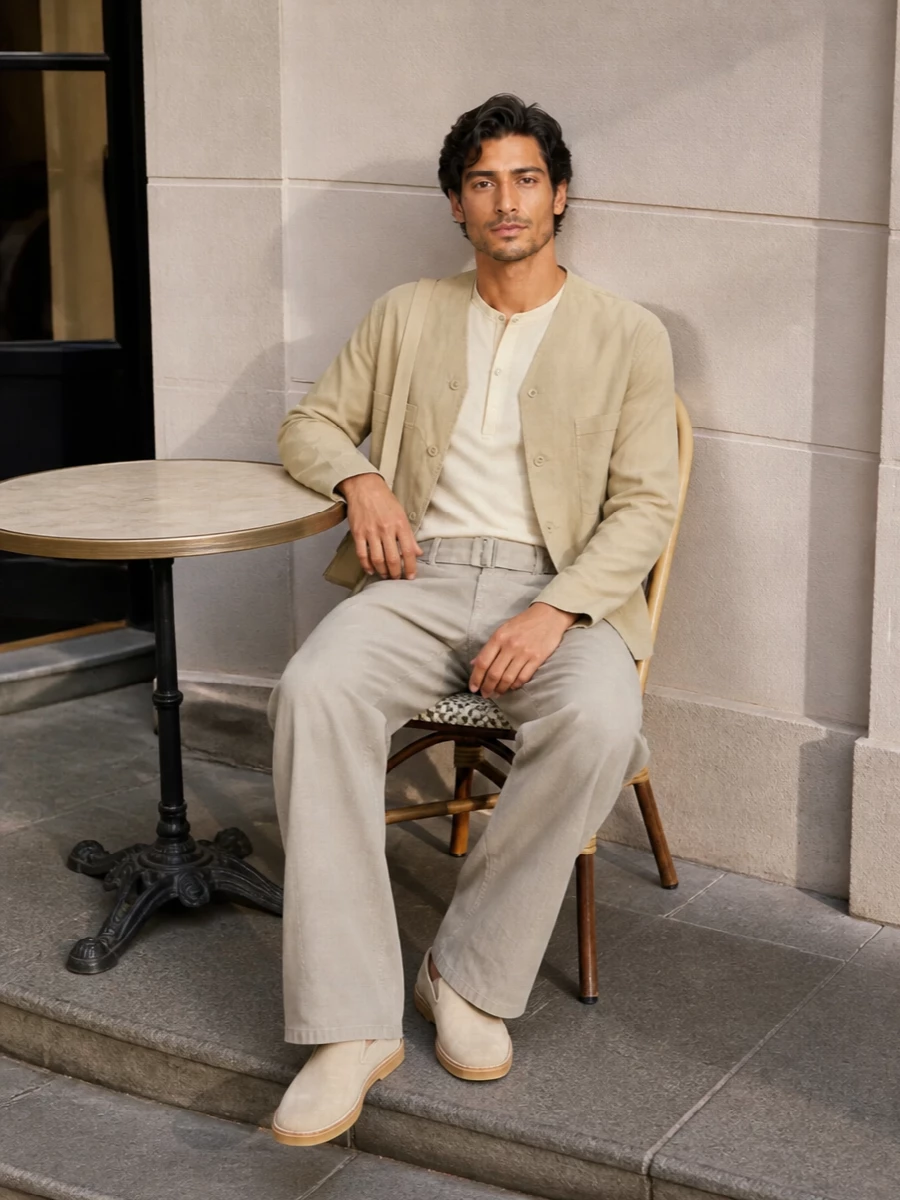 Lemaire khaki jacket wide leg trousers outfit