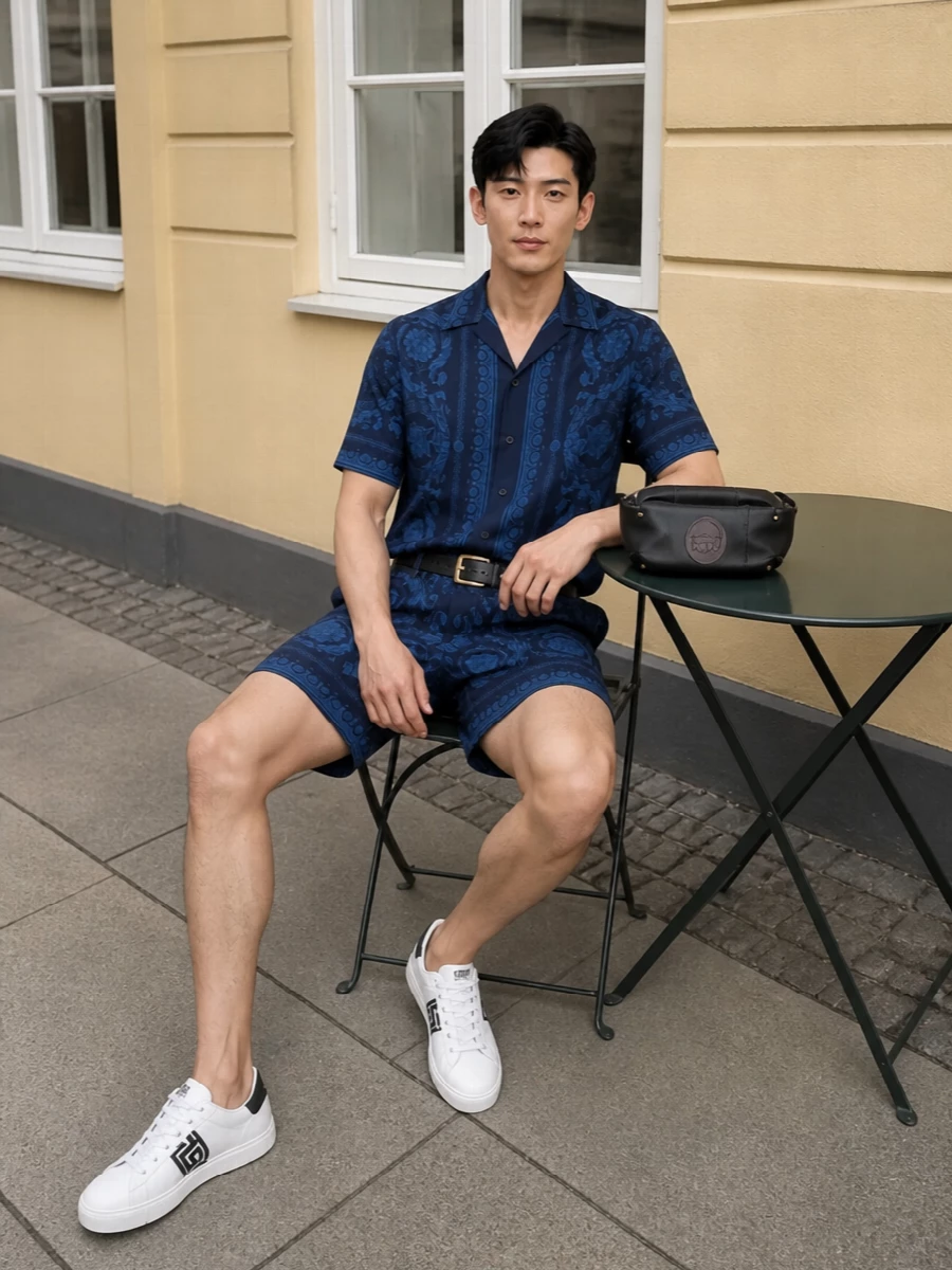 Versace navy baroque shirt short white sneakers