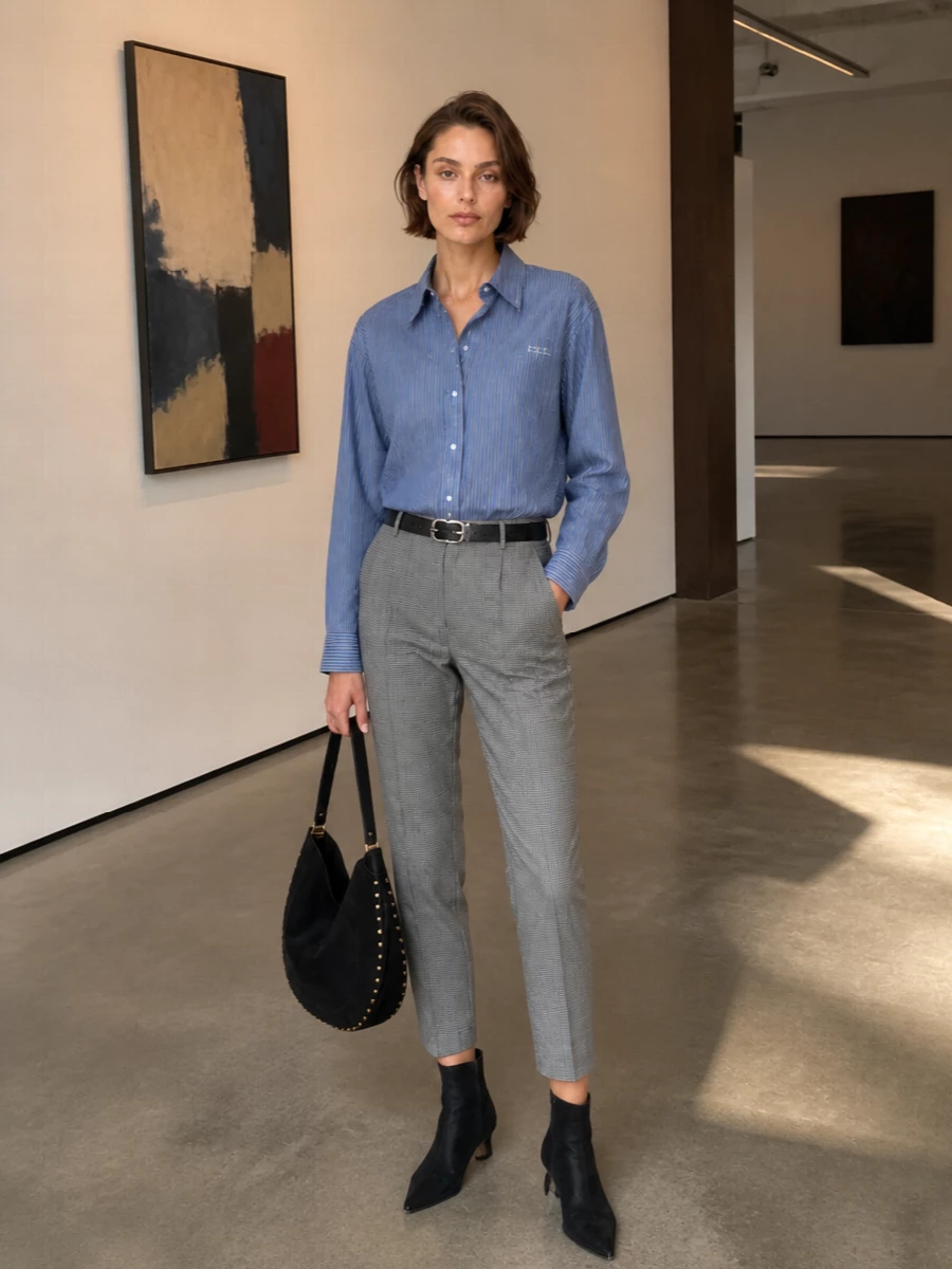 Isabel marant striped shirt houndstooth trouser outfit