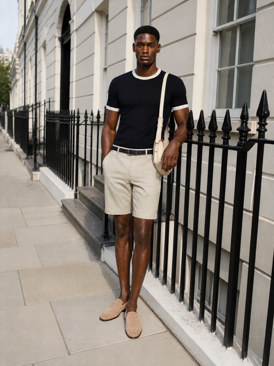 Eleventy chino shorts navy knit tee suede loafers