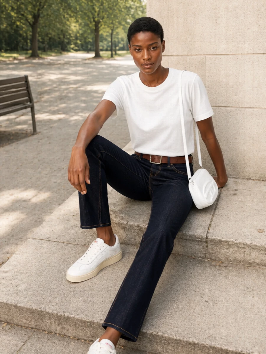 A crisp white tee and dark straight-leg denim keep the mood clean and unfussy, with an easy mid-rise that lets you tuck or half-tuck as you like. Off-white sneakers and a compact white cross-body repeat the light tones up and down the outfit, while a tan belt adds just enough structure and warmth for a polished, everyday finish.