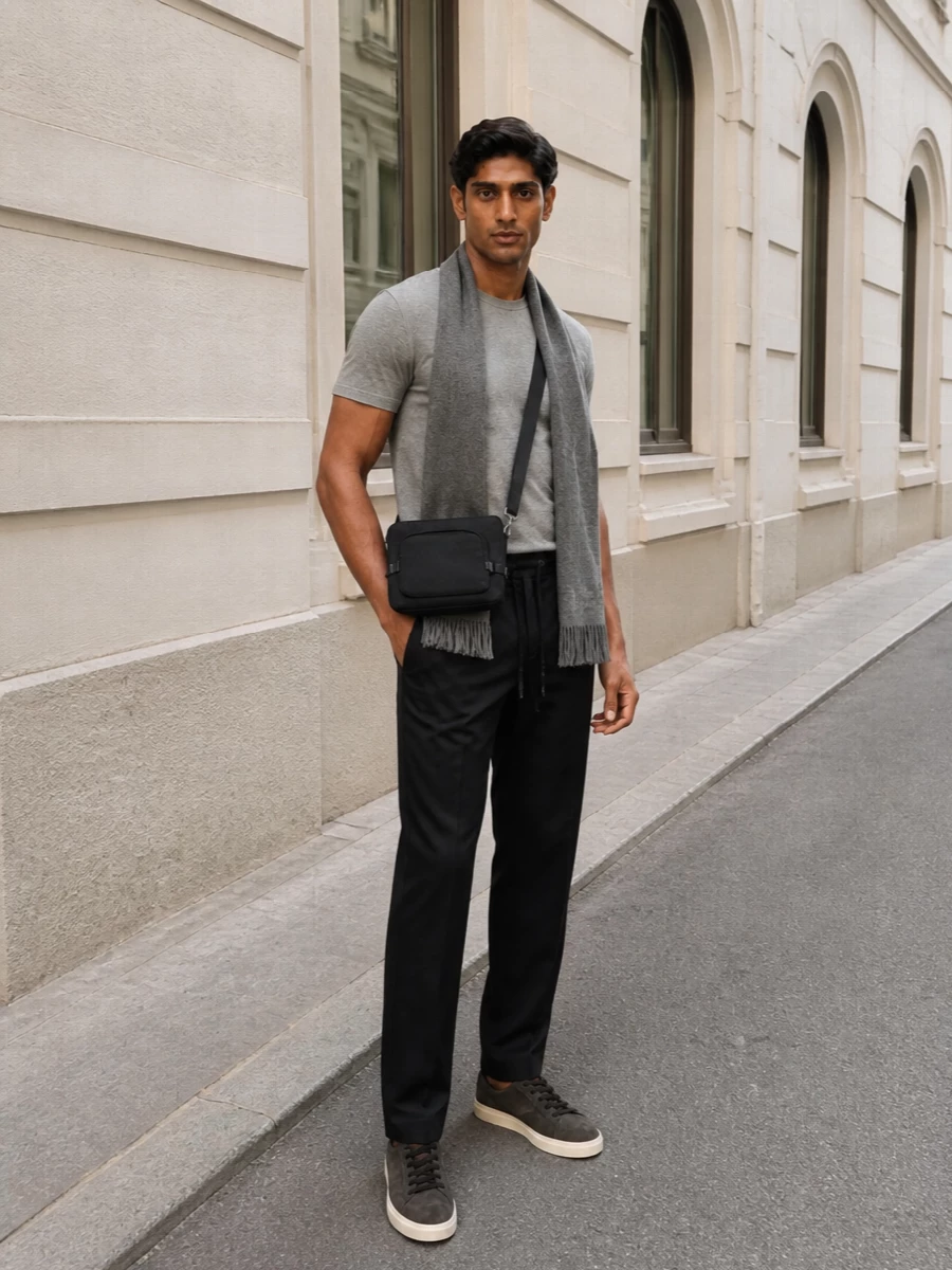 Zegna grey tee charcoal trousers tods sneakers