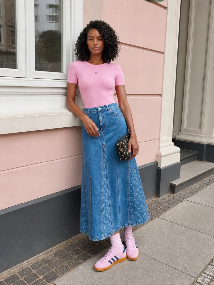 Marine serre pink tee denim maxi outfit