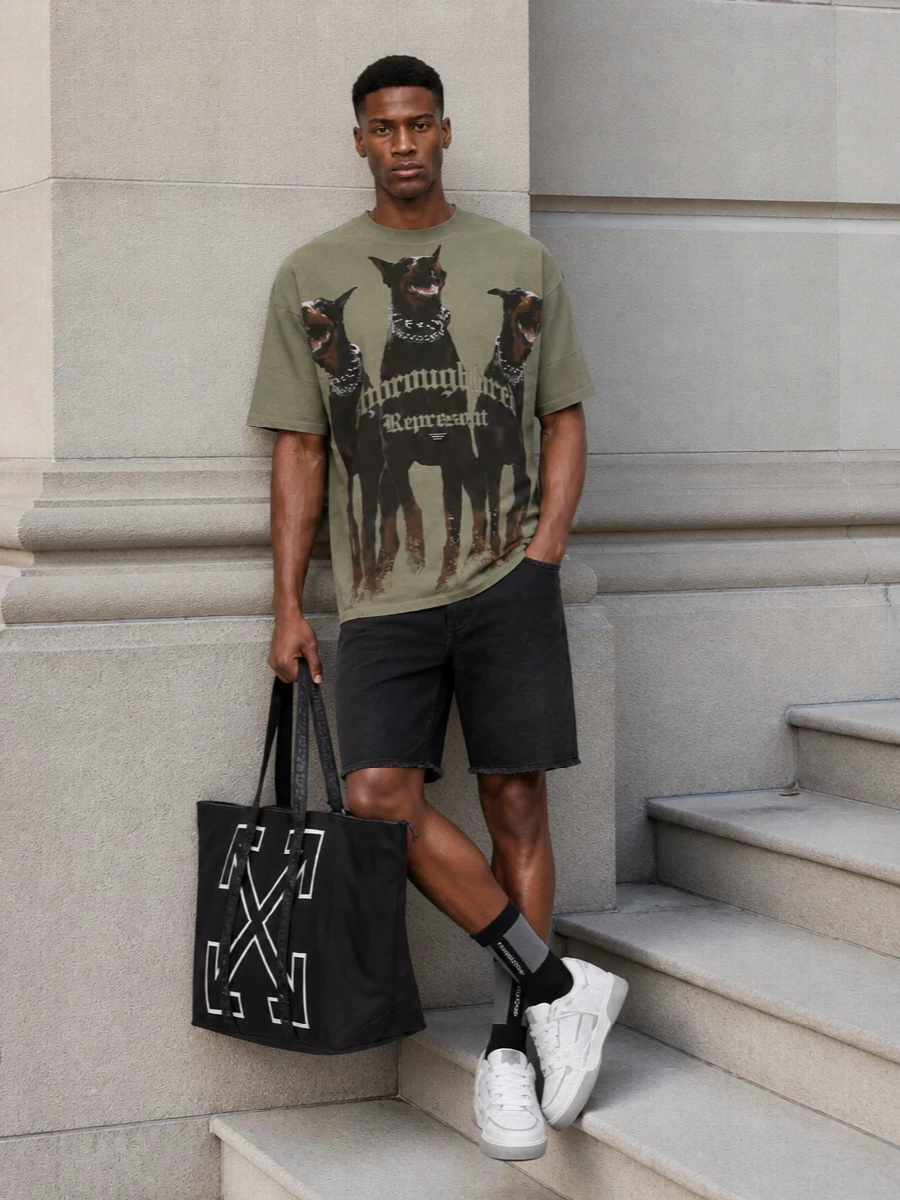 Represent graphic tee black shorts sneakers