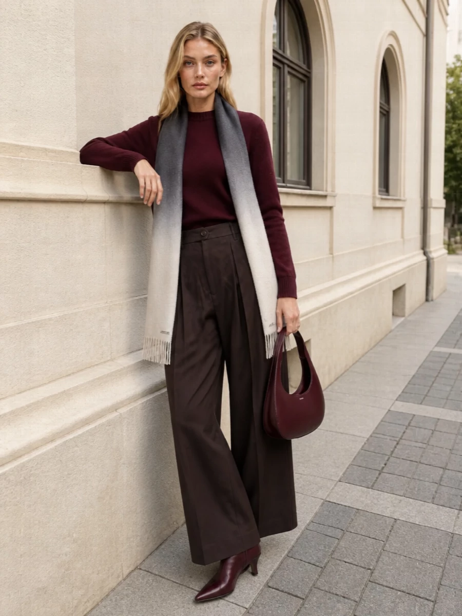 Deep burgundy and espresso brown sit close in tone here, so the knit and high-waisted wide-leg trouser read as one continuous, elongated column. The pointed burgundy ankle boots sharpen the base without feeling loud, while the sculpted crescent bag and ombré scarf keep everything quiet, graphic, and city-ready. It is an easy desk-to-dinner combination that feels rich but restrained in both color and texture.