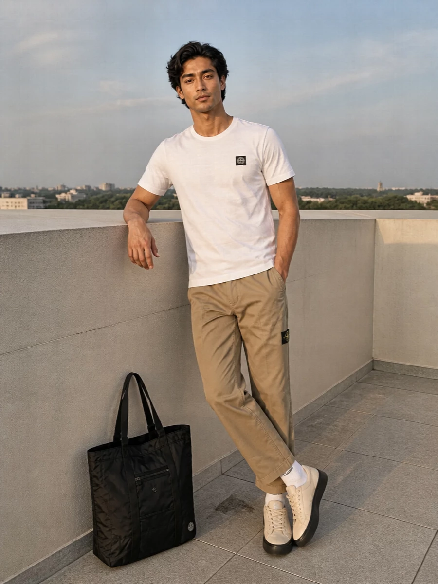 Stone island khaki chino white tshirt outfit