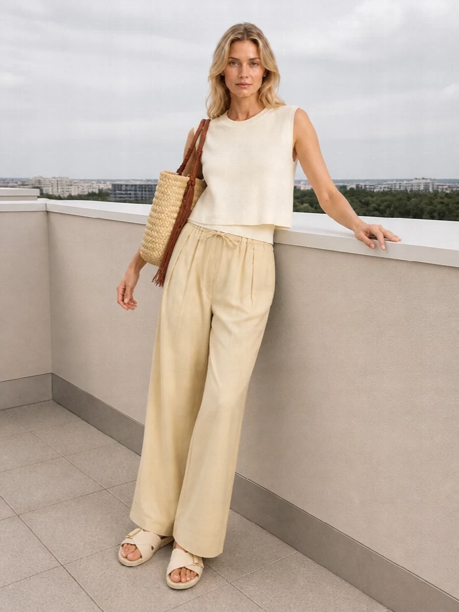 Loewe wide leg pants cream knit straw tote