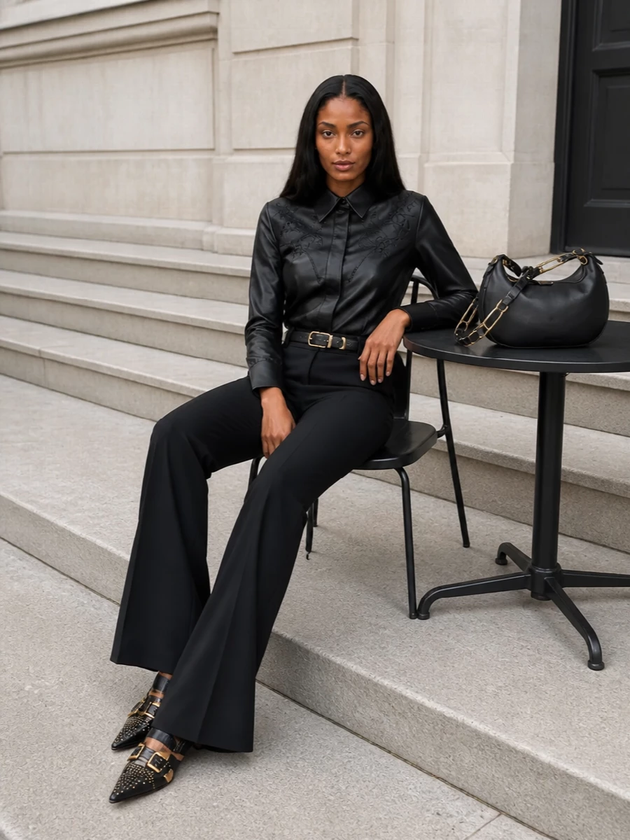 Chloe black leather shirt flared trousers outfit