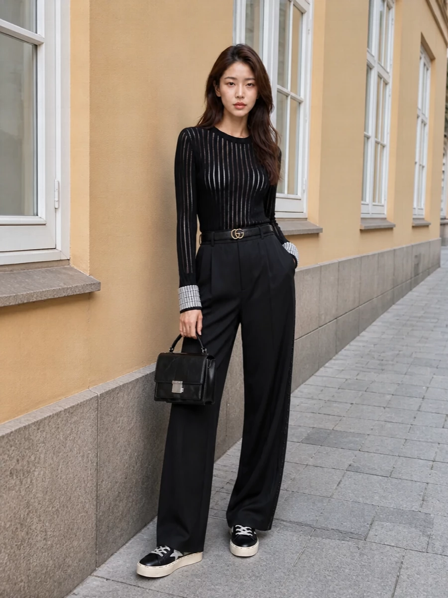 An all-black, wide-leg silhouette feels confidently modern here, with sheer laddered knit and beaded side seams catching the light in subtle intervals. Distressed black sneakers and a structured top-handle keep it in that sweet spot between downtown ease and polished intention, while a slim logo belt quietly defines the waist. It is the kind of monochrome set you can wear from late brunch to low-lit drinks without changing a single piece.