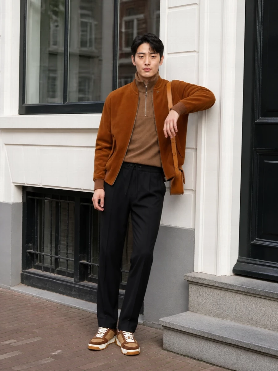 Valentino caramel bomber black trousers outfit