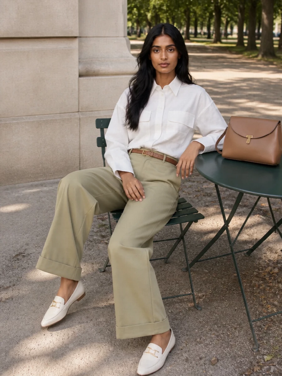 Palm angels wide leg trousers white shirt loafers