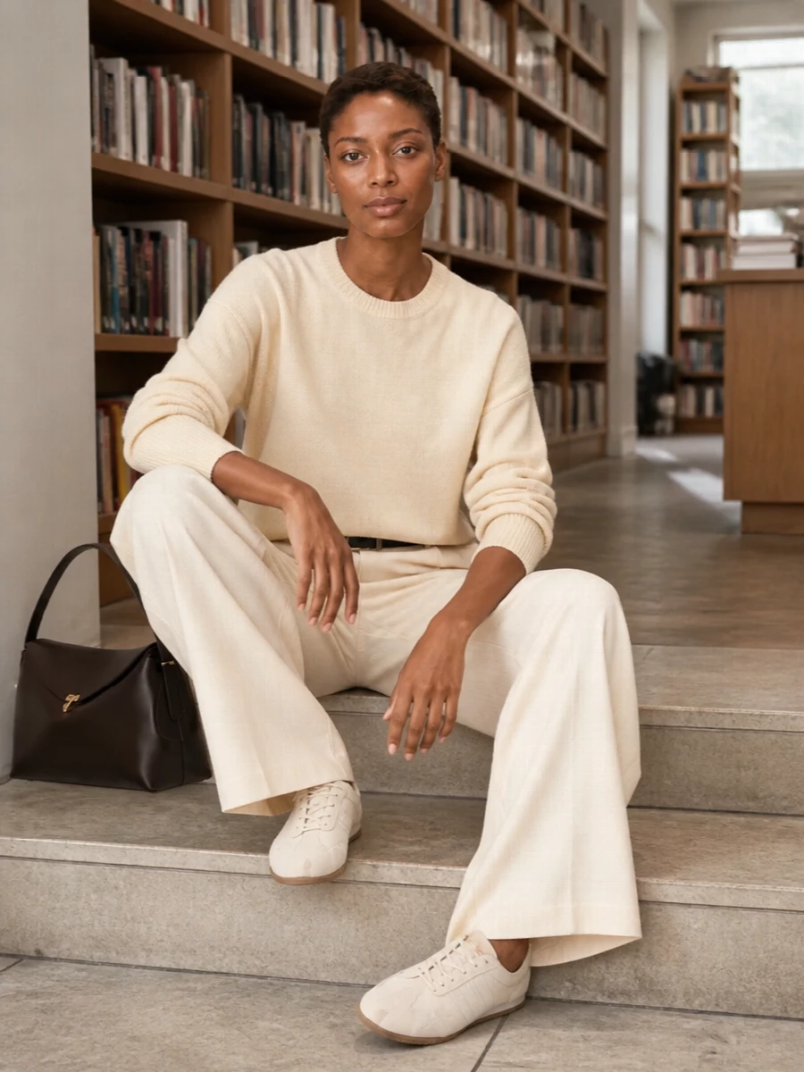 Toteme buttercream knit wide leg trousers outfit