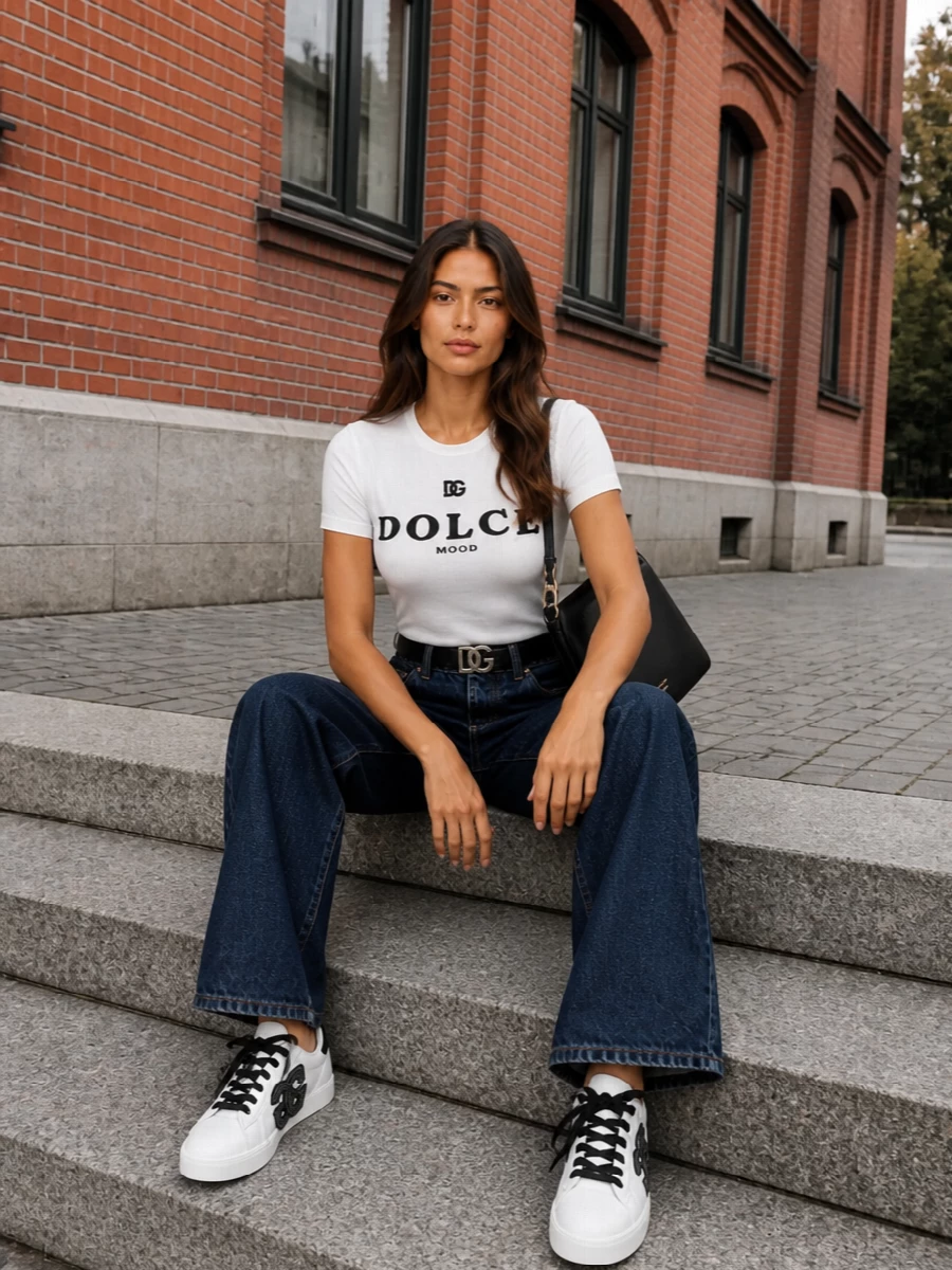 Dolce gabbana logo tee wide leg jeans outfit