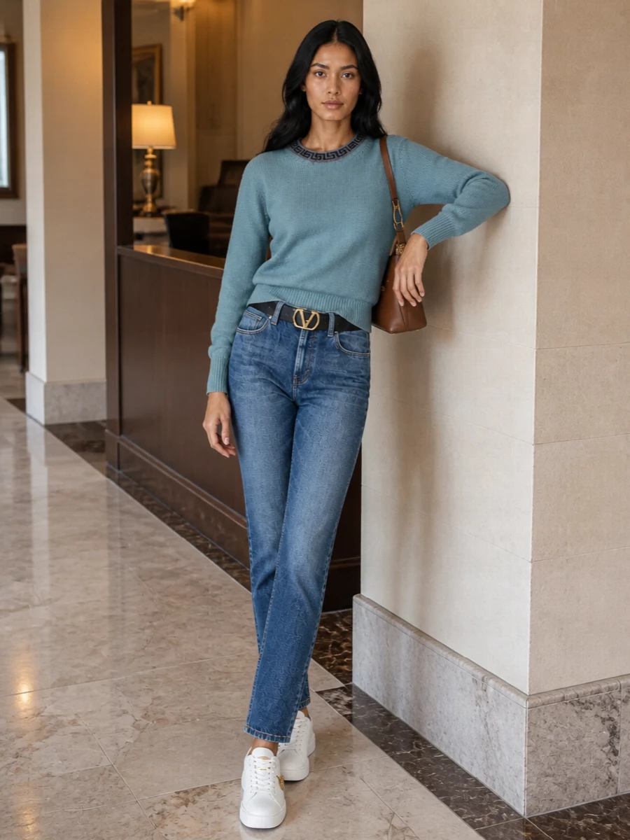Versace blue jeans dusty blue sweater sneakers