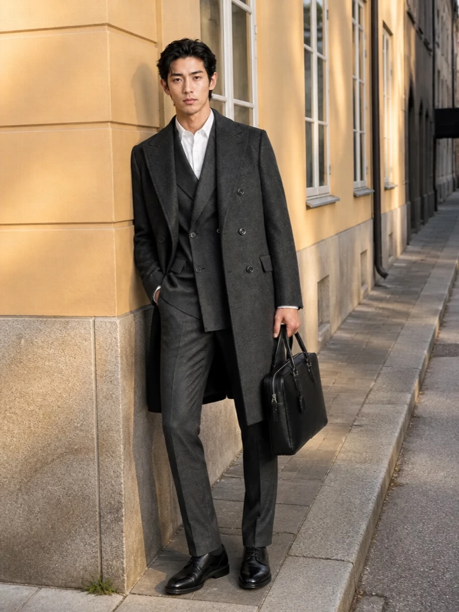 Tagliatore coat charcoal suit black derbies