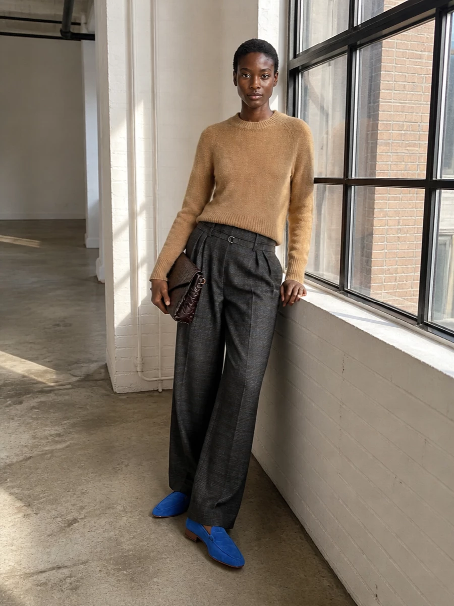 Dries van noten cobalt loafers camel sweater trousers