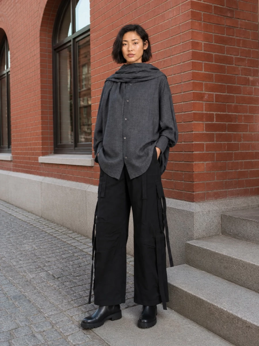 Black wide-leg cargos meet a fluid charcoal shirt for a street-informed take on tailoring that still feels precise. Lug-sole ankle boots and a structured black shoulder bag ground the volume in the right places, keeping the whole mix sharp, urban and quietly luxurious. The result is a day-to-night city uniform that balances ease with intent.