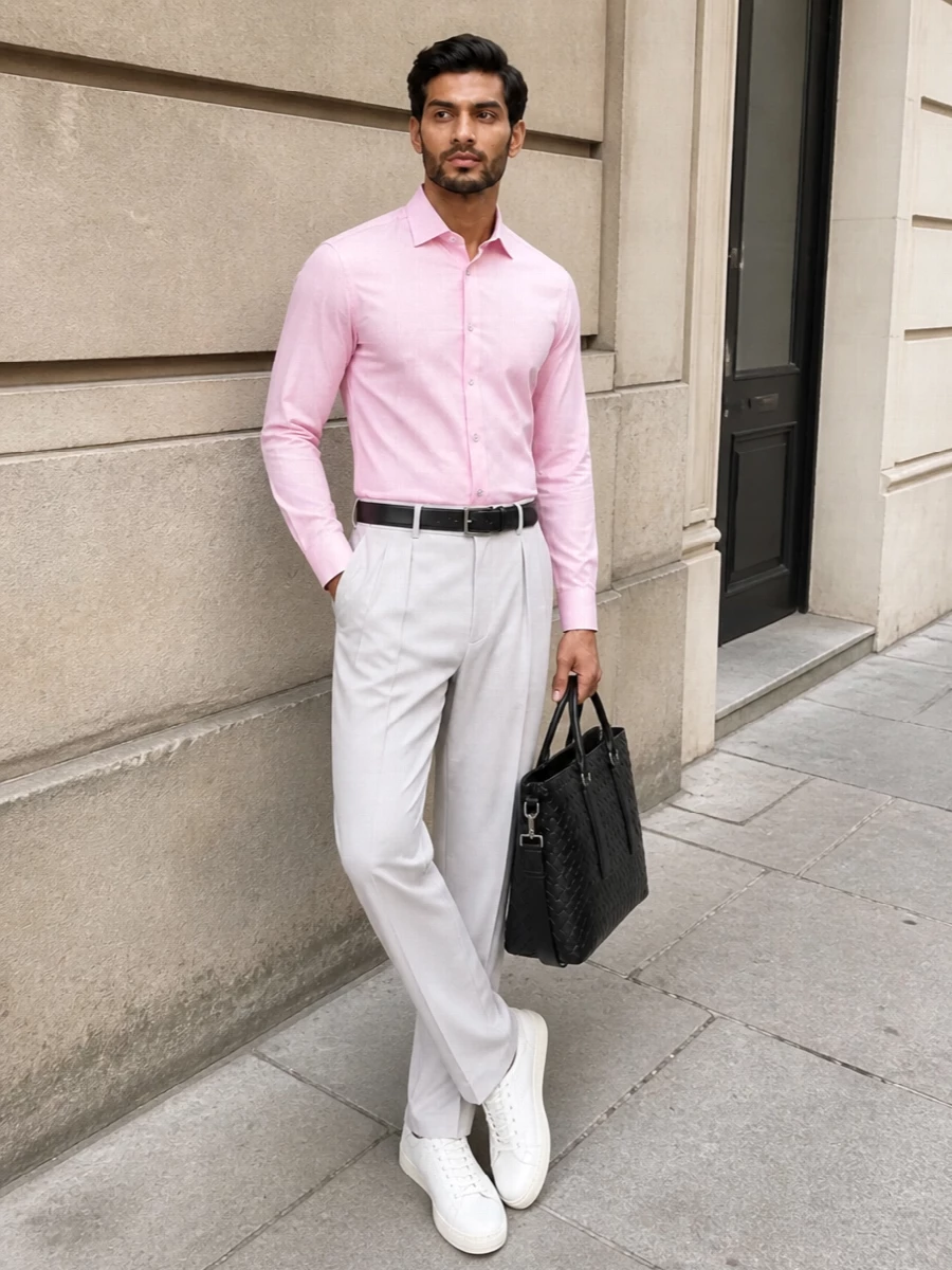 Tom ford pink shirt pleated trousers outfit