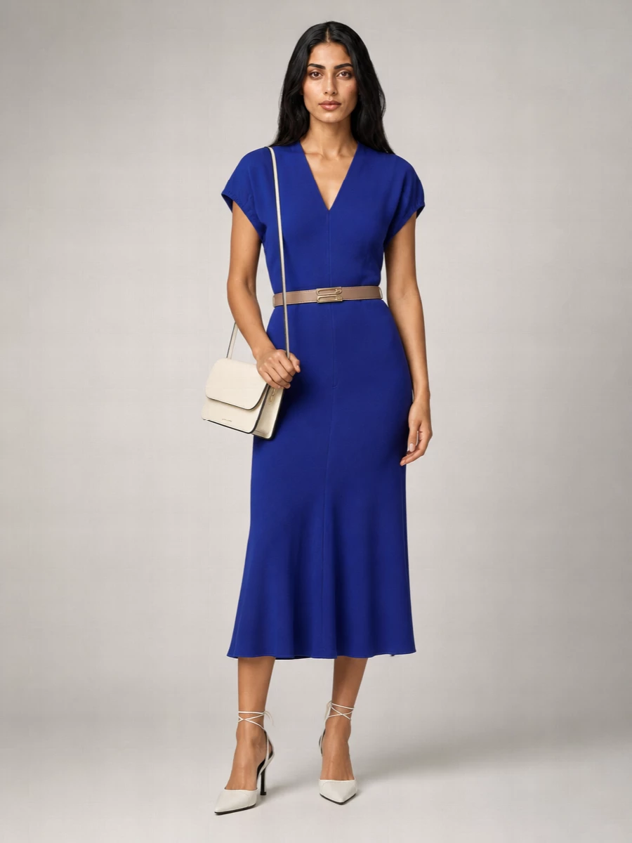 Victoria Beckham Asymmetric V-Neck Midi Dress