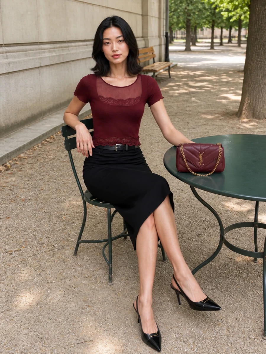 Saint laurent burgundy lace top black midi skirt