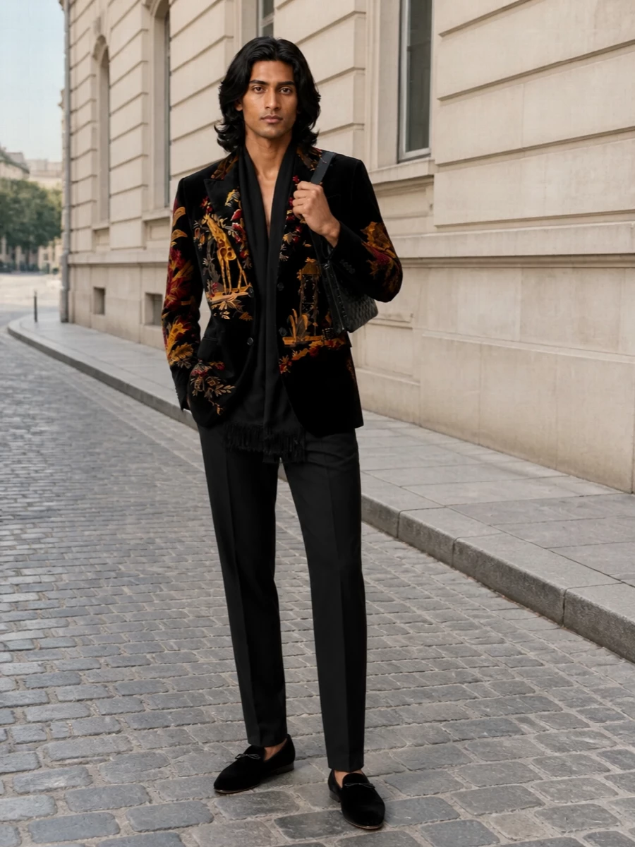 A nocturnal velvet blazer meets ink‑black tailored trousers for an evening outfit that feels dramatic yet precise. The head‑to‑toe dark base lets the golden and red motifs glow, supported by plush black slippers and a woven leather clutch that add texture instead of distraction. It is designed for dinners and parties where the jacket tells the story and every other piece simply sharpens the outline.