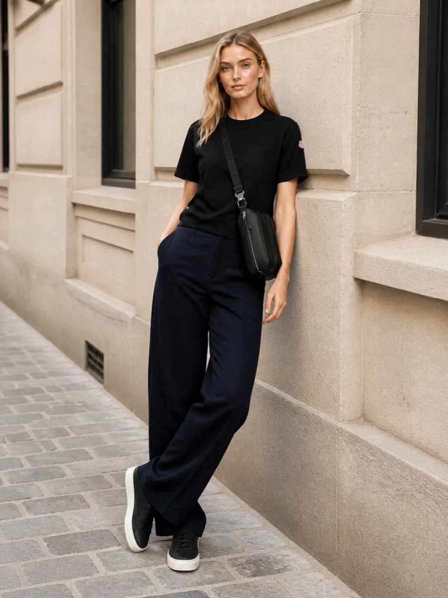 Moncler t shirt wide leg trousers outfit
