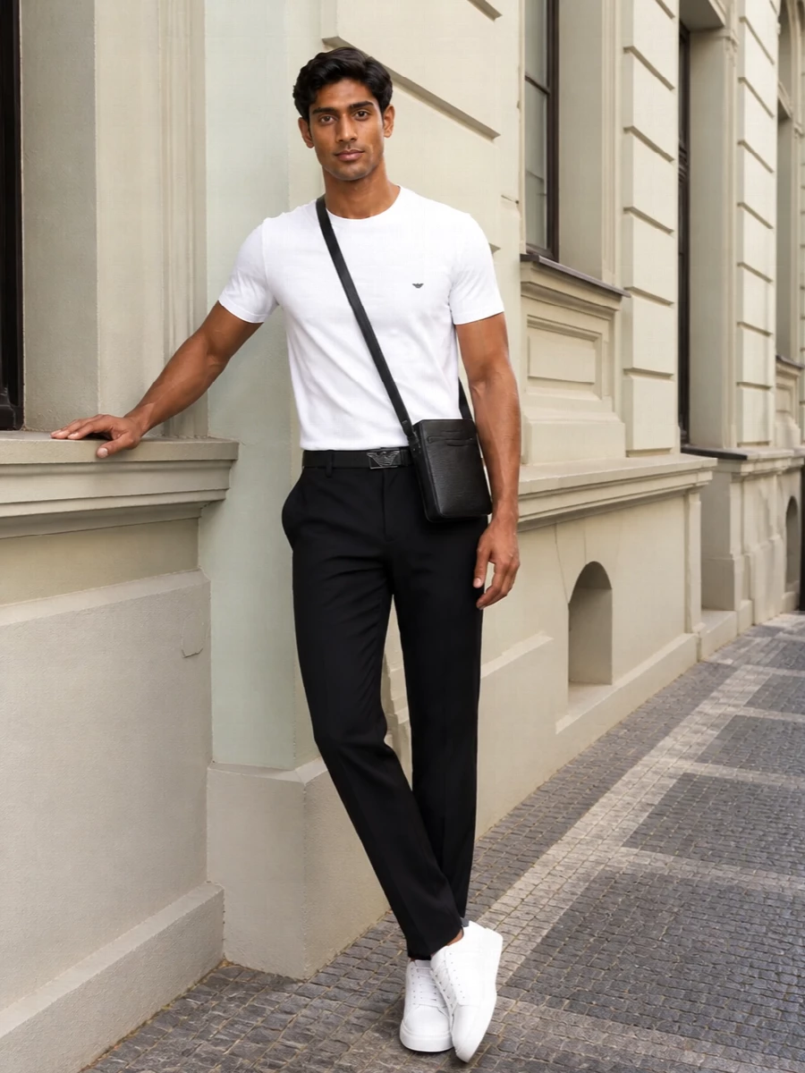 Emporio armani white tshirt black trousers outfit