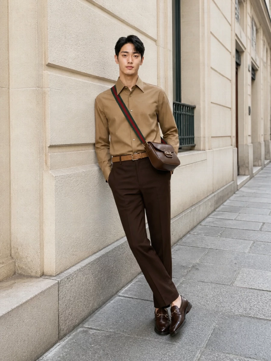 Gucci camel shirt brown tailored trousers outfit
