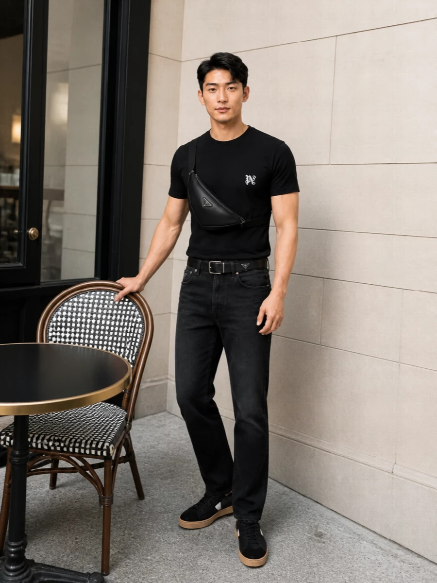 Palm angels tee prada black jeans sneakers