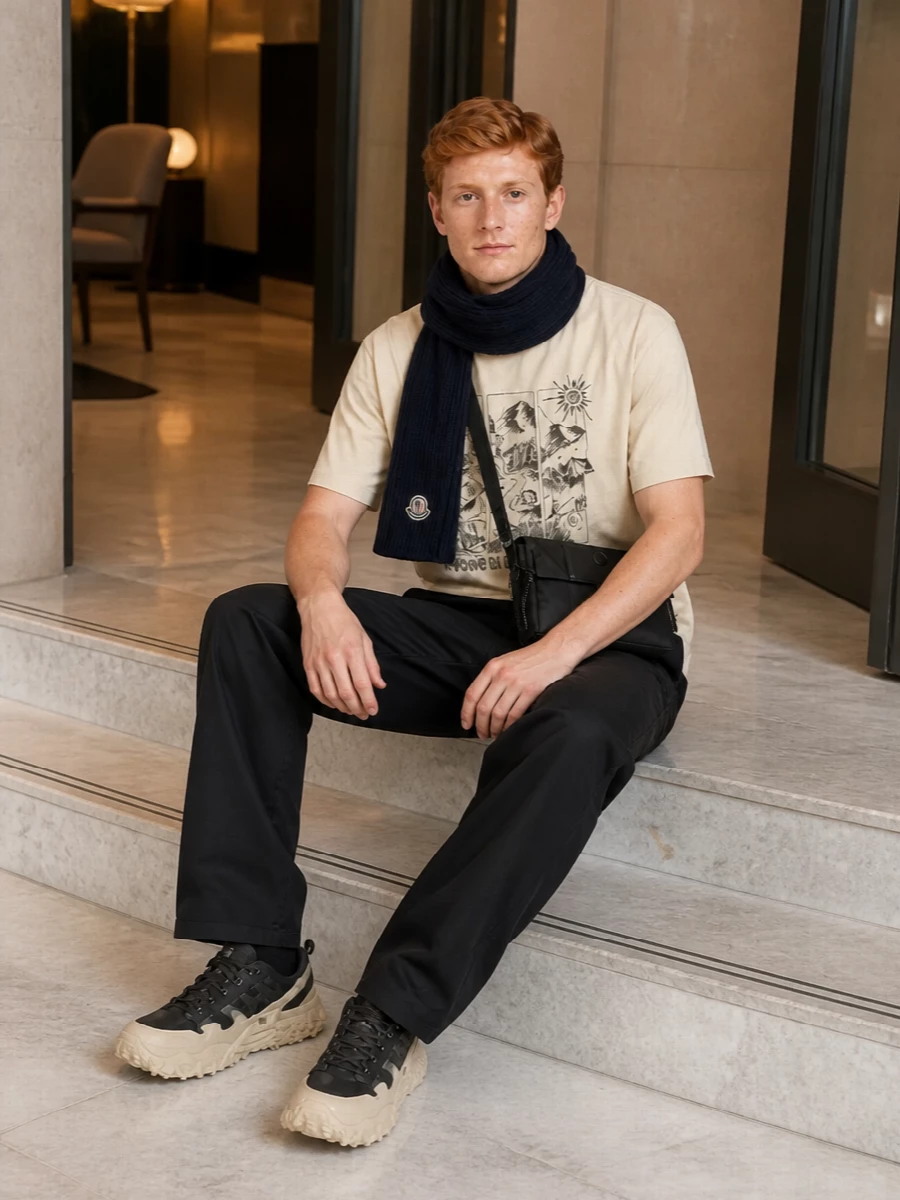 Moncler tee black utility trousers trail sneakers