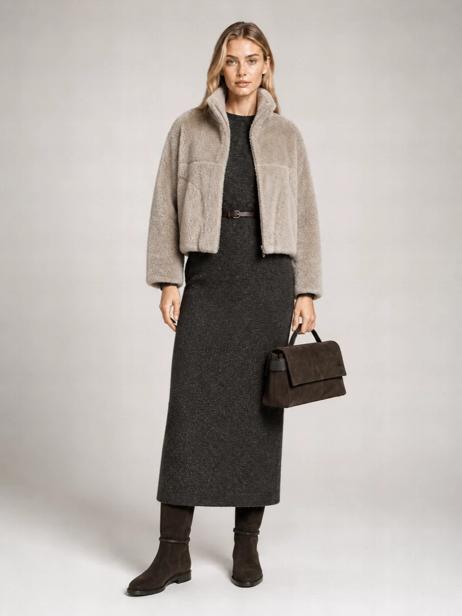 Brunello Cucinelli Faux Fur High-Neck Cropped Jacket