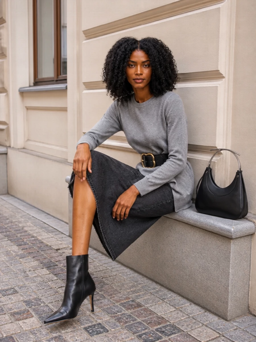 Alexander mcqueen denim skirt grey knit outfit