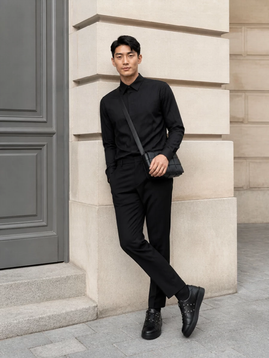 Valentino black shirt trousers rockstud sneakers