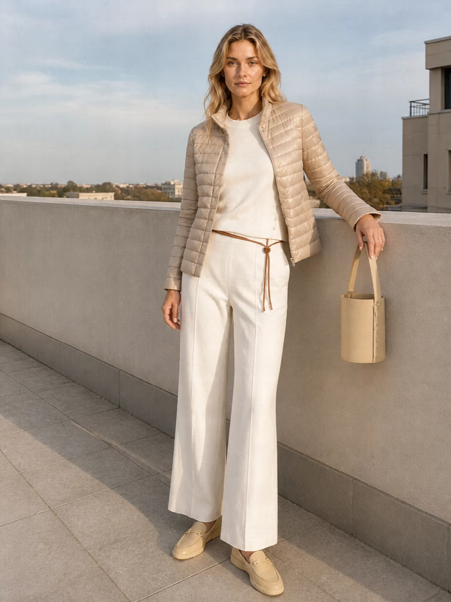I am building around the puffer as city outerwear, so a top and trouser route feels more natural and versatile than a dress. The result is a tonal, quietly structured outfit in champagne and ivory, with the wide-leg trouser lengthening the line under the short quilted jacket. Soft loafers and a clean bucket bag keep it polished enough for daytime appointments while still feeling relaxed.
