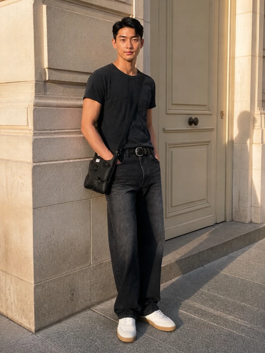 Washed-black Margiela denim and the matching star tee build a tight monochrome base that feels relaxed but intentional. Off-white gum-sole sneakers break the darkness just enough while staying quiet. A padded crossbody and structured belt introduce texture and shape so the straight-leg silhouette reads clean rather than slouchy.