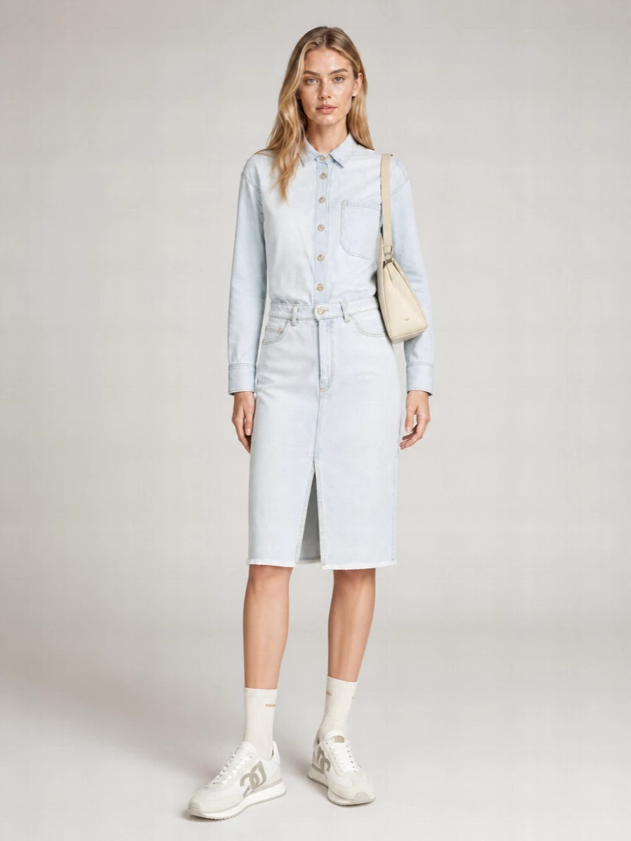 I’m building around the socks’ DNA as quiet, everyday Dolce&Gabbana luxury, so I chose the dress path for a one-and-done uniform that lets them stay visible and purposeful. The pale Stella McCartney denim shirt dress, off‑white DG retro runners and a soft cream shoulder bag create a clean, neutral story that feels relaxed but considered from coffee runs to casual office days. It is an unfussy, modern take on sportswear and denim, with the branded ribbed socks as a subtle nod to indulgence rather than a shouty logo moment.