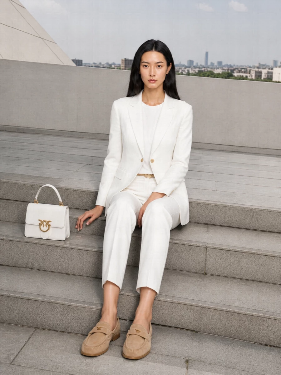 A tonal white tailoring story keeps the mood sharp yet light, with slim trousers continuing the blazer’s clean line. Soft beige suede and a nude belt introduce just enough warmth to feel modern rather than clinical. The structured white top-handle finishes it with discreet polish suited to client meetings, smart lunches or understated city evenings.