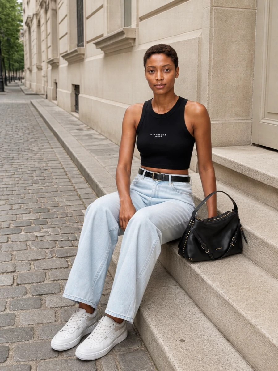 Givenchy black crop top light wide leg jeans