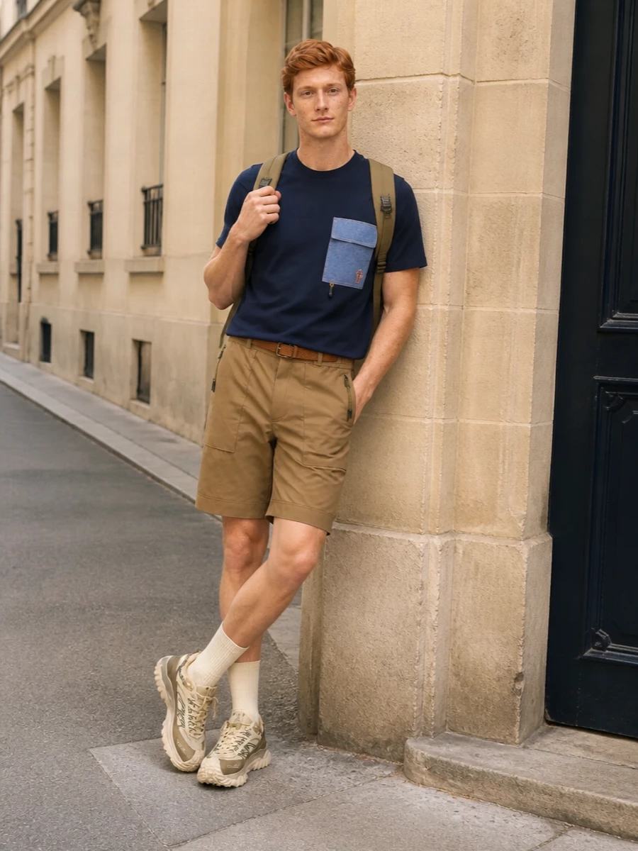 Moncler grenoble cargo shorts trail sneakers outfit