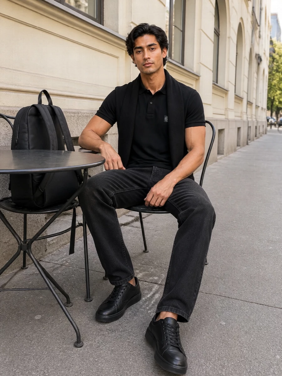 Stone island black polo black jeans sneakers