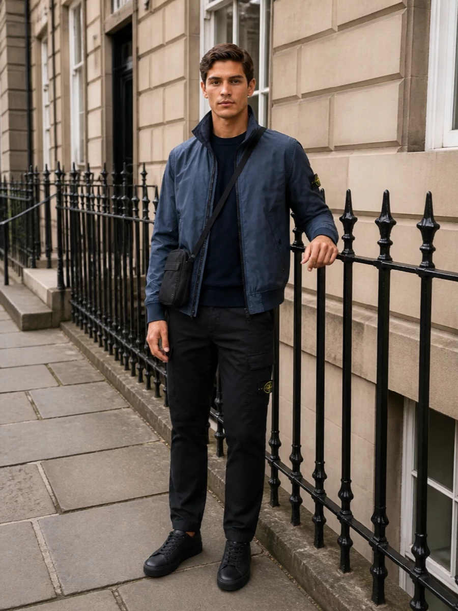 Stone island bomber cargo pant sneaker outfit