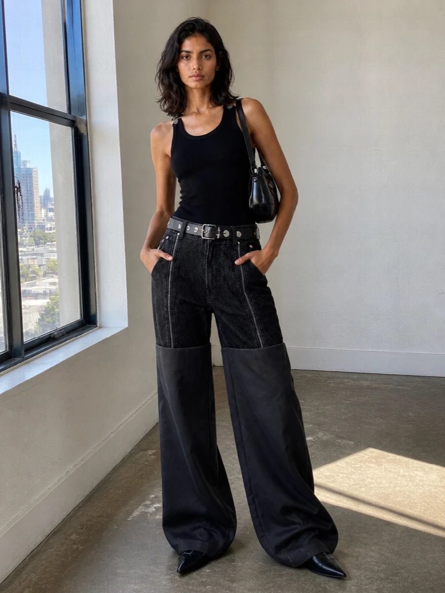 Gaultier wide leg pants black tank night outfit