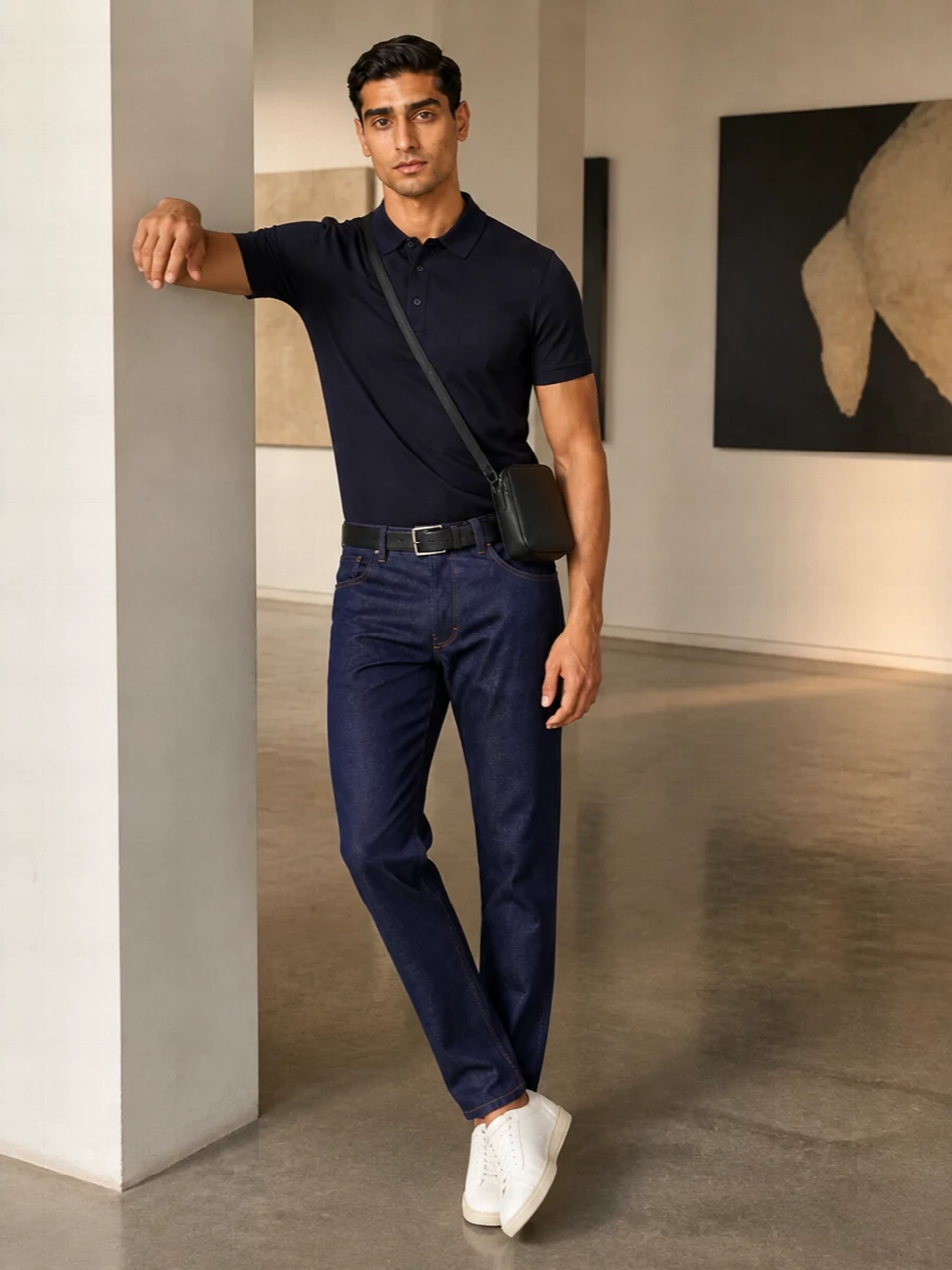 A deep navy polo sits against straight indigo denim for a clean, tonal take on smart casual. Off-white sneakers and a slim navy belt keep the lines sharp but relaxed, while a compact black crossbody introduces a discreet city note. The result is a quietly polished uniform that moves easily between desk, dinner and weekend in the same calm, minimal language.