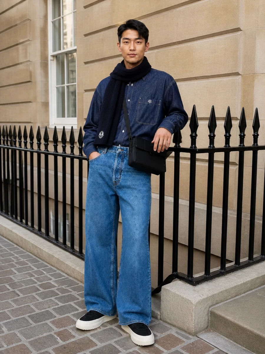 Moncler wide leg jeans celine denim shirt outfit