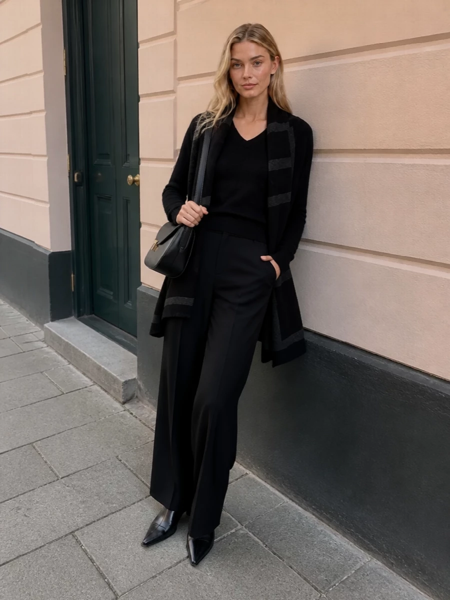 A black V-neck knit paired with high-rise, sweeping wide-leg trousers creates a long, calm column that reads considered but relaxed. Glossy pointed ankle boots sharpen the base, while a curved black shoulder bag and tonal oversized scarf keep the styling precise without interrupting the monochrome line. It is an easy uniform for city days that need to move smoothly from desk to dinner with minimal adjustment.