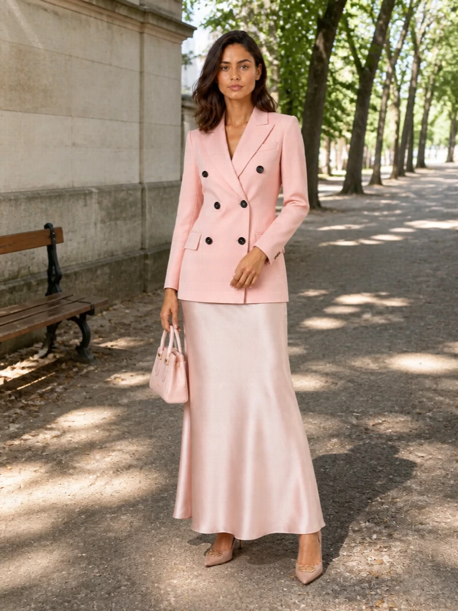 A blush-on-blush column of tailoring feels quietly assertive here, with the satin skirt softening the blazer’s structure rather than diluting it. Nude-blush heels and a matching mini bag keep the story tonal and refined, so the silhouette reads long, polished and discreetly feminine from meeting to late dinner.