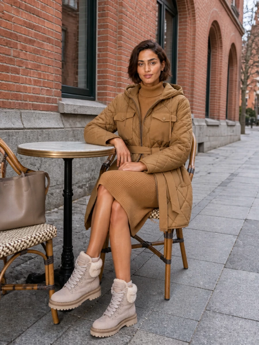 Max mara camel parka ribbed sweater dress outfit