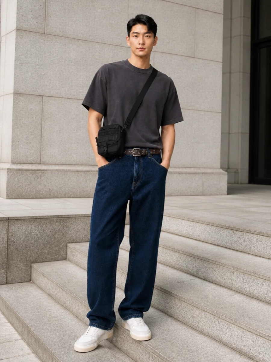 Carhartt loose jeans charcoal tee sneakers