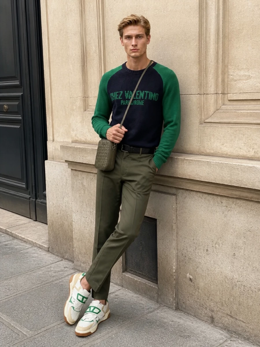 This look leans into a modern collegiate mood: the navy-and-emerald Valentino knit sits over sharp olive chinos for a refined take on campus-inspired streetwear. Green-accented court sneakers keep the energy relaxed yet premium, while the olive intrecciato crossbody and textured black belt quietly underline the luxury without distracting from the sweater’s graphic statement. It’s an easy, city-ready uniform that feels considered but never over-styled for FW days.