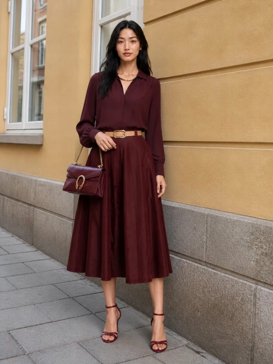 Alberta ferretti burgundy midi skirt evening outfit